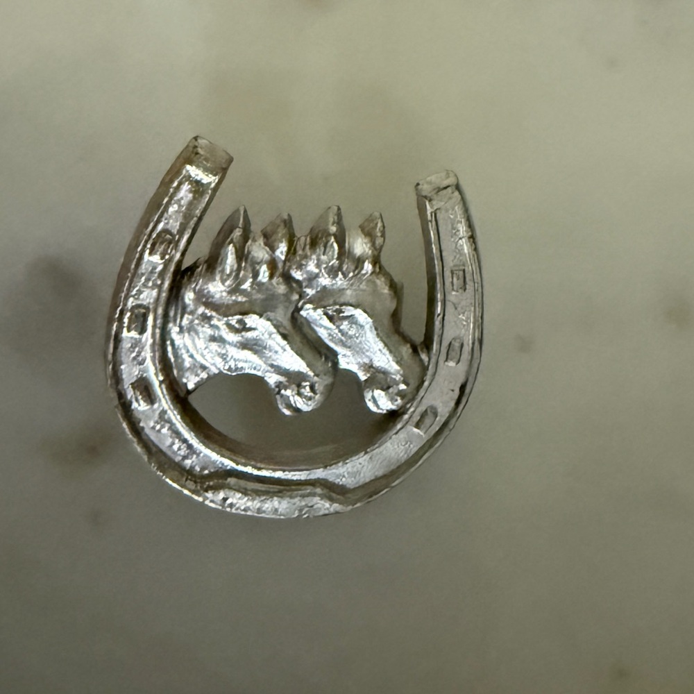 Vintage mcm Silver Horse Head Horseshoe Brooch acrylic Hong Kong toy pin